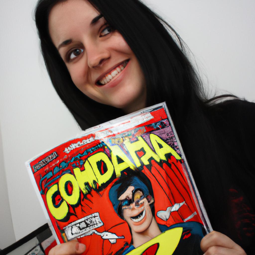 Person holding comic book, smiling